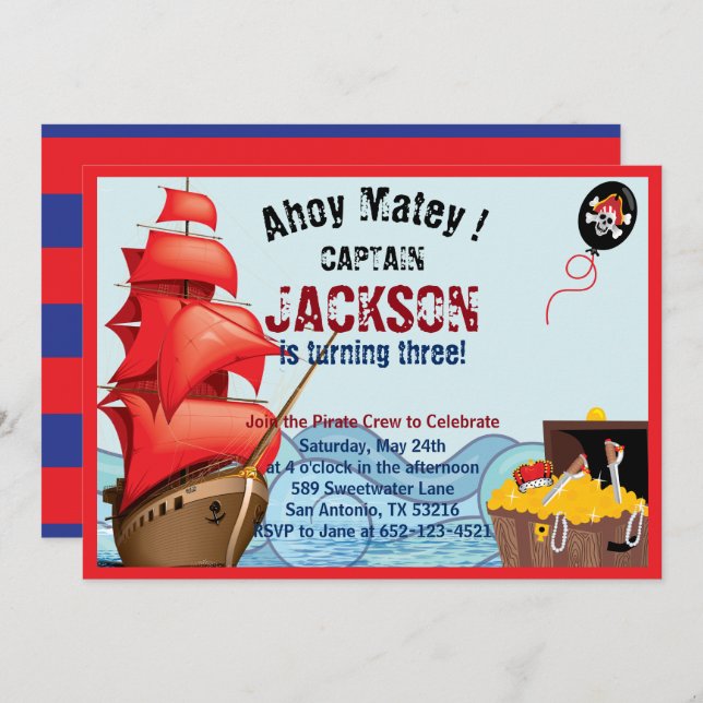 Pirate Birthday Party Invitation Boat stripes (Front/Back)