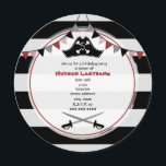 Pirate Birthday Party Round Invitation<br><div class="desc">A birthday party invitation featuring a pirate theme.  Invite has an illustration of a pirate's hat at top and two swords at bottom.  Invite also features bunting at top and a striped background.  Personalise the text with details of your occasion.</div>