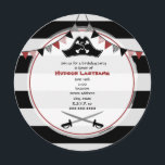 Pirate Birthday Party Round Invitation<br><div class="desc">A birthday party invitation featuring a pirate theme.  Invite has an illustration of a pirate's hat at top and two swords at bottom.  Invite also features bunting at top and a striped background.  Personalise the text with details of your occasion.</div>