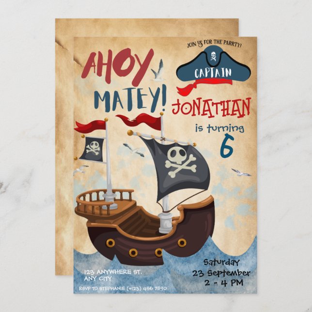 Pirate Birthday Party Watercolor Invitation (Front/Back)