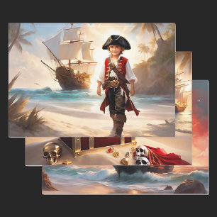 Pirate Birthday Ship Gold Treasure 3 Boy's Wrapping Paper Sheet