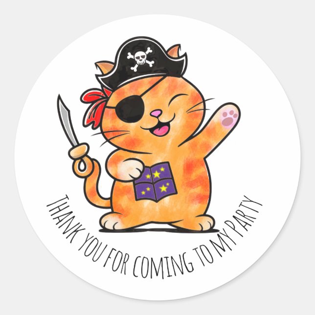 Pirate birthday themed party treasure cat classic round sticker (Front)
