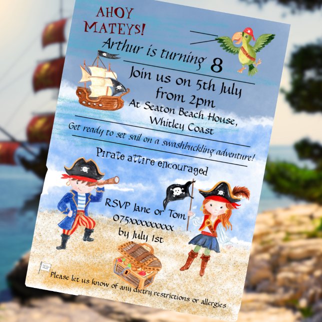 Pirate birthday themed party treasure hunt invitation (Pirate-Themed Party invite)