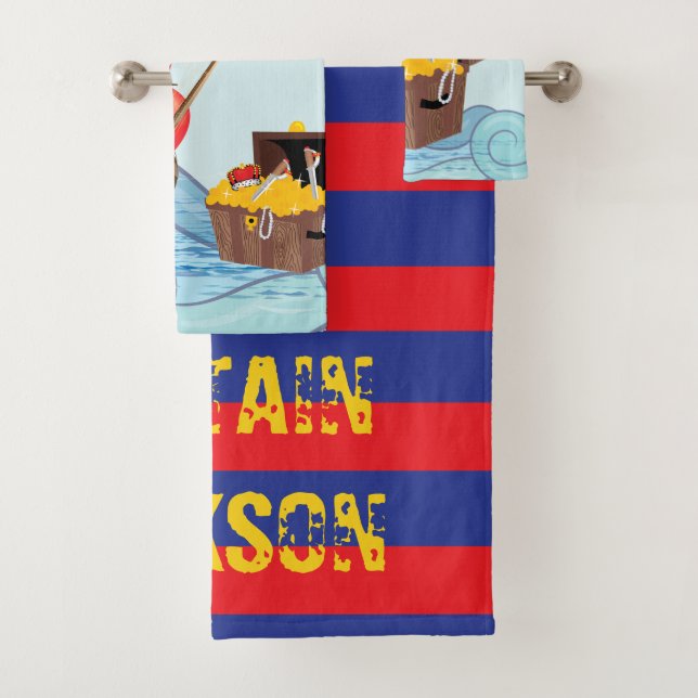 Pirate Boat stripes cute monogram Bath Towel Set (Insitu)