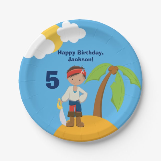 Pirate Boy Beach Summer Kids Pool Birthday Party Paper Plate (Front)