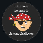 Pirate Boy Custom Bookplate Template for Kids Classic Round Sticker<br><div class="desc">This customised bookplate is perfect for your favourite pirate-loving boy. It features a boy with an eyepatch, scowl, and pirate bandanna. It reads, "This book belongs to Sammy Sacllywag." Change this to "Ex libris, " or "From the library of, " if you want, in the template. The sticker template is...</div>