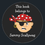Pirate Boy Custom Bookplate Template for Kids Classic Round Sticker<br><div class="desc">This customised bookplate is perfect for your favourite pirate-loving boy. It features a boy with an eyepatch, scowl, and pirate bandanna. It reads, "This book belongs to Sammy Sacllywag." Change this to "Ex libris, " or "From the library of, " if you want, in the template. The sticker template is...</div>