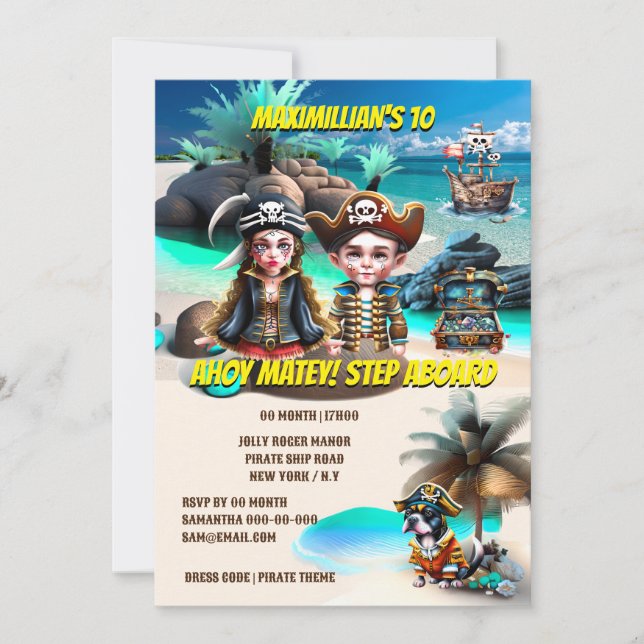 Pirate boy girl dog treasure island ghost ship invitation (Front)