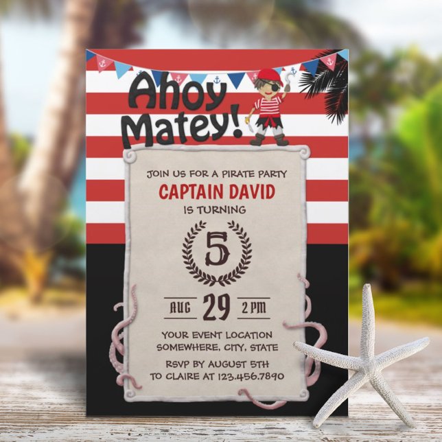Pirate Boy Nautical Red Stripes Birthday Party Invitation (Creator Uploaded)