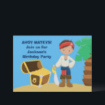 Pirate Boy Summer Pool Kids Birthday Party Invitation<br><div class="desc">A pirate boy standing on a beach next to a treasure chest full of gold on the sand next to the ocean. He is wearing a bandanna like a cool buccaneer. Great personalised invitation for a children birthday party.</div>
