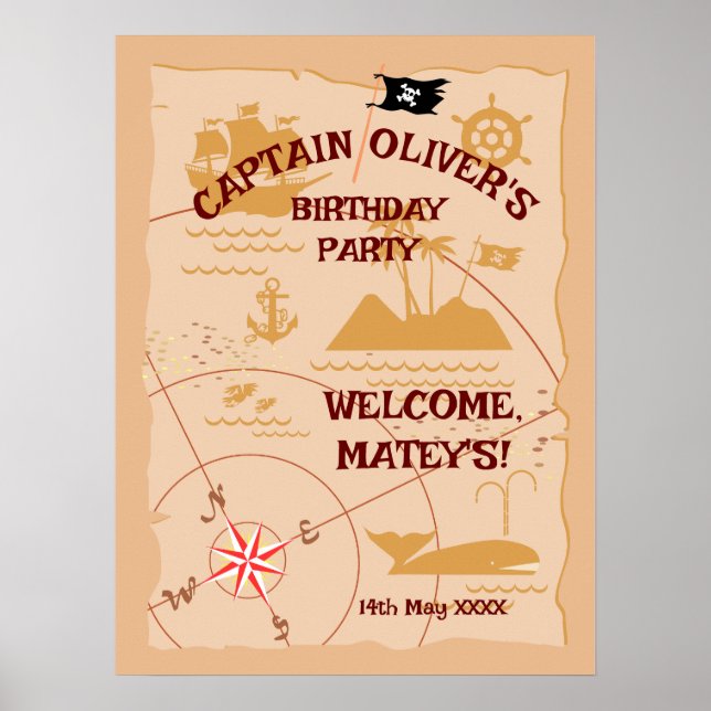 Pirate Boy Treasure Map Fun Birthday Party Poster (Front)