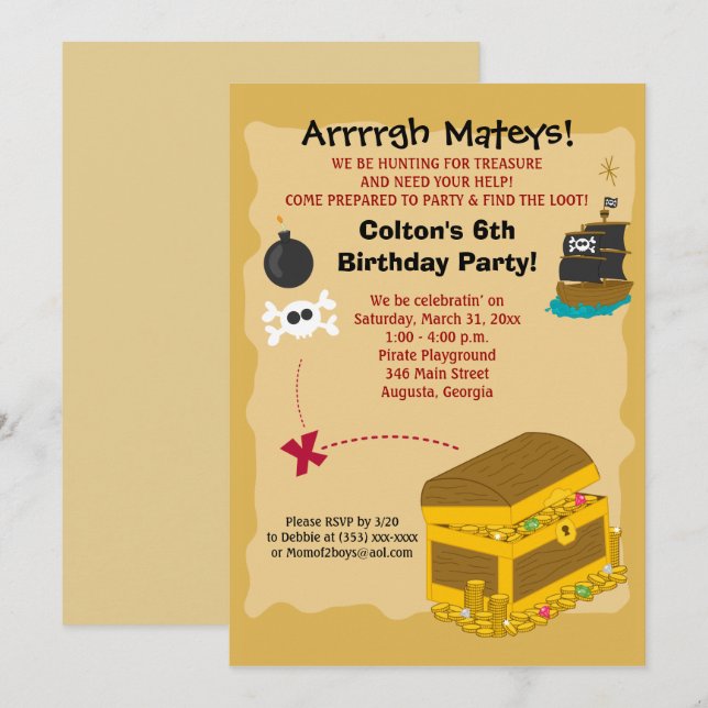 Pirate Boy's Birthday Invitation 5x7 (Front/Back)