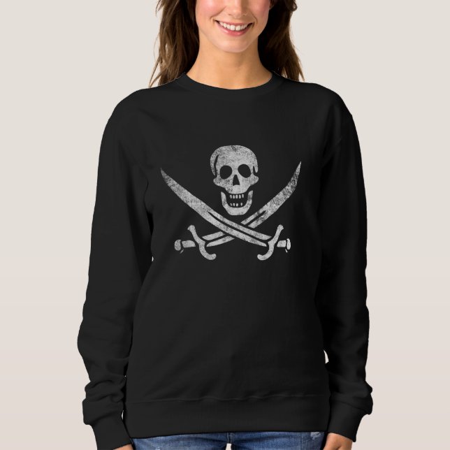 Pirate Calico Jack Flag Jolly Roger Distressed Gra Sweatshirt (Front)