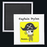 Pirate Captain Name Design Magnet<br><div class="desc">A cool pirate with his hat,  earring,  eyepatch and bandanna. Customise for your little pirates by adding their name beside 'captain'  or change to another saying. Great for pirate birthday parties.</div>