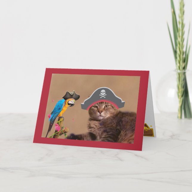 Pirate Cat And Parrot Birthday Card (Front)