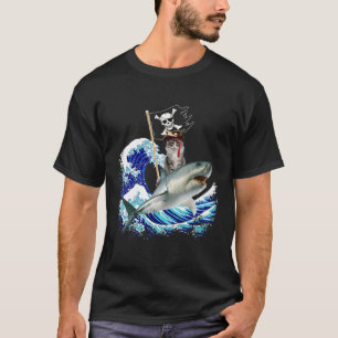 Pirate Cat Riding Shark Surfing Japanese Wave Cat  T-Shirt