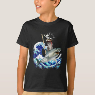 Pirate Cat Riding Shark Surfing Japanese Wave Cat T-Shirt