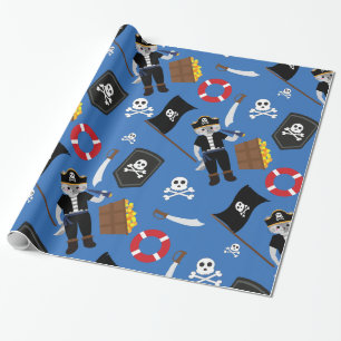 pirate cat skull crossbones blue wrapping paper