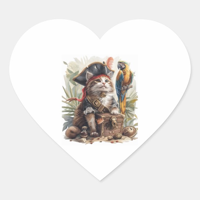 Pirate Cat Treasure Heart Sticker (Front)
