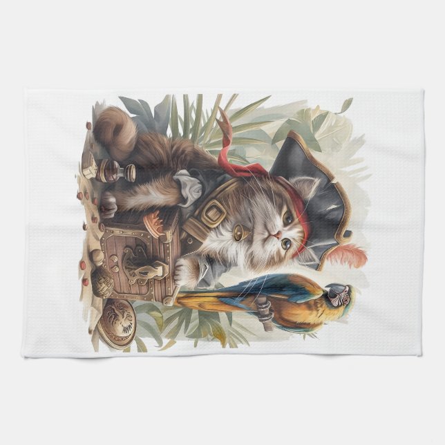 Pirate Cat Treasure Tea Towel (Horizontal)