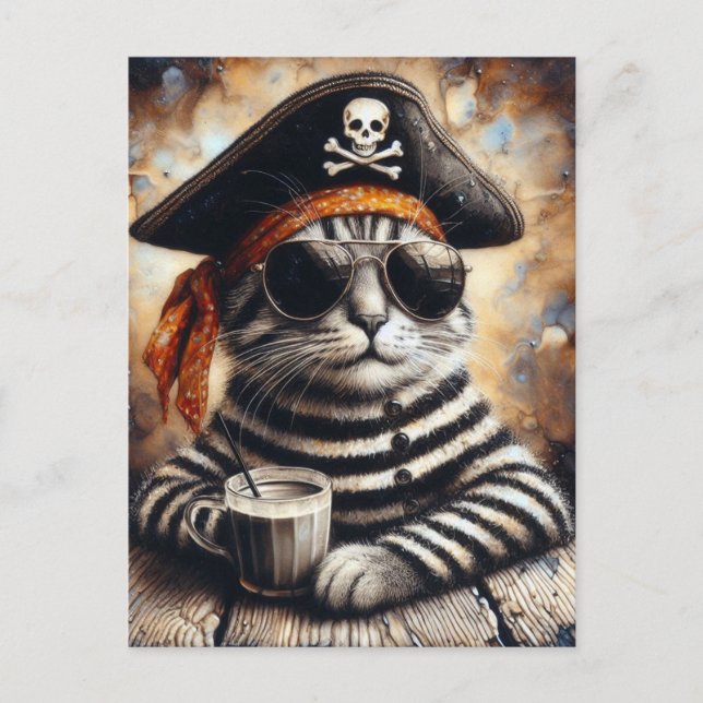 Pirate cat with a coffee postcard (Front)