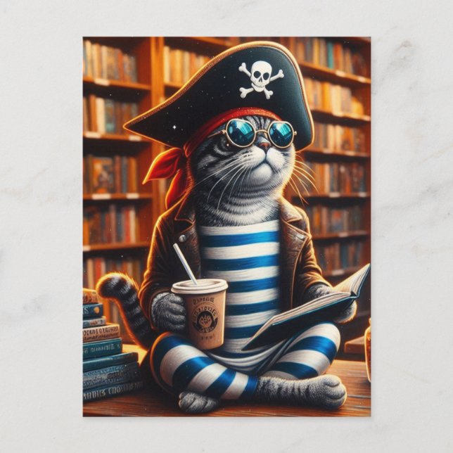 Pirate Cat  with Coffee  Postcard (Front)