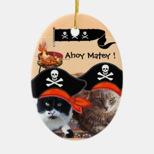 PIRATE CATS AND ANTIQUE PIRATES TREASURE MAPS CERAMIC TREE DECORATION