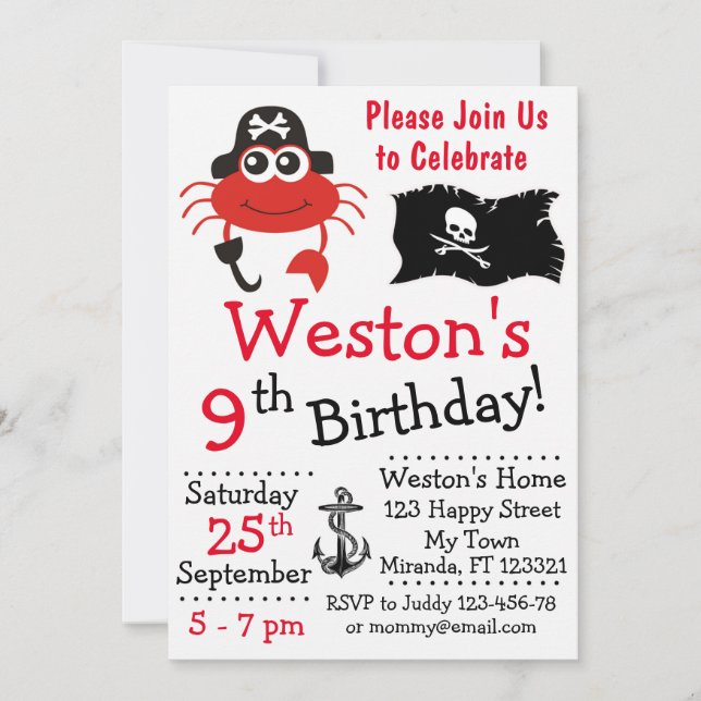 Pirate crab birthday invitations (Front)