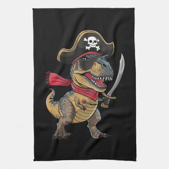 Pirate Dinosaur T-Rex Funny Halloween Costume Tea Towel (Vertical)