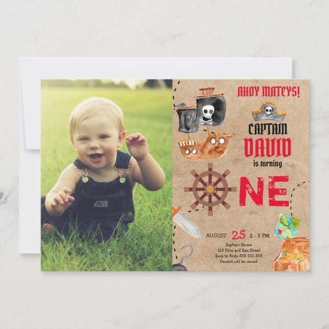 Pirate First Birthday Boy 1st Birthday with Photo Invitation (Front)