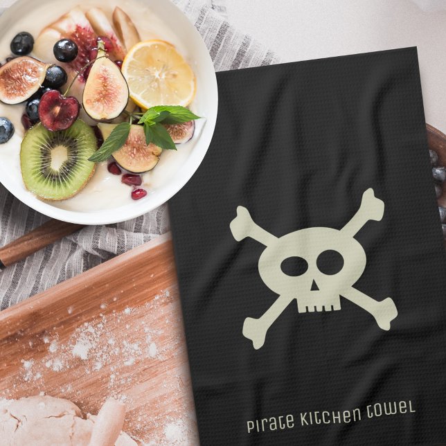 Pirate Flag Skull Crossbones Black Kitchen Towel (Yarr! Add yer name to this cute skull and crossbones kitchen towel.)