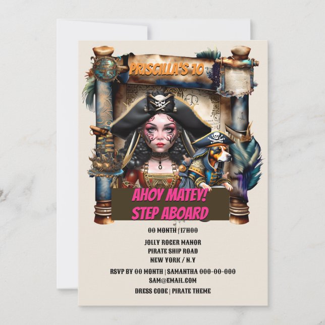 Pirate girl dog treasure map birthday theme party invitation (Front)