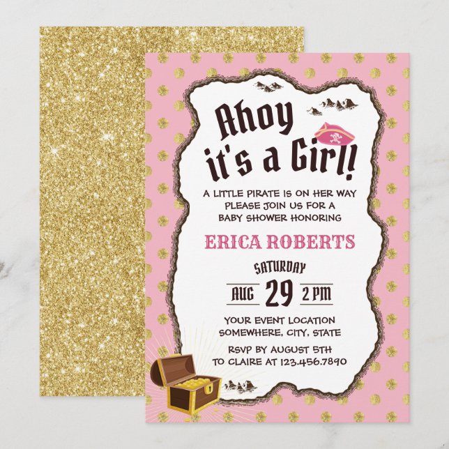 Pirate Girl Pink & Gold Adventure Map Baby Shower Invitation (Front/Back)