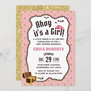 Pirate Girl Pink & Gold Adventure Map Baby Shower Invitation