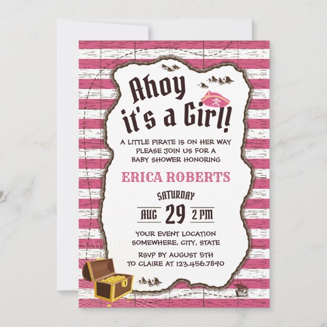Pirate Girl Pink Stripes Adventure Map Baby Shower Invitation (Front)