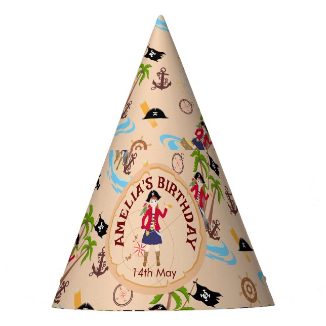 Pirate Girl Treasure Map Fun Birthday Party Hat (Front)