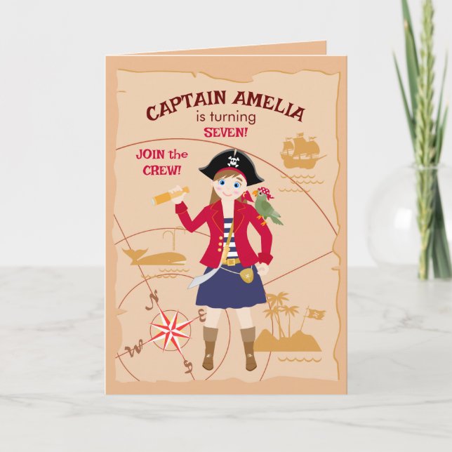 Pirate Girl Treasure Map Fun Birthday Party Invitation (Front)