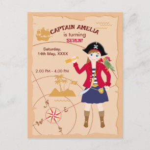 Pirate Girl Treasure Map Fun Birthday Party Invitation Postcard