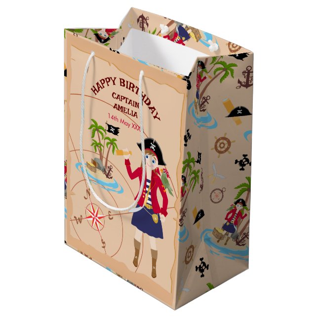 Pirate Girl Treasure Map Fun Birthday Party Medium Gift Bag (Back Angled)