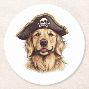 Pirate Golden Retriever Dog Skull Round Paper Coaster