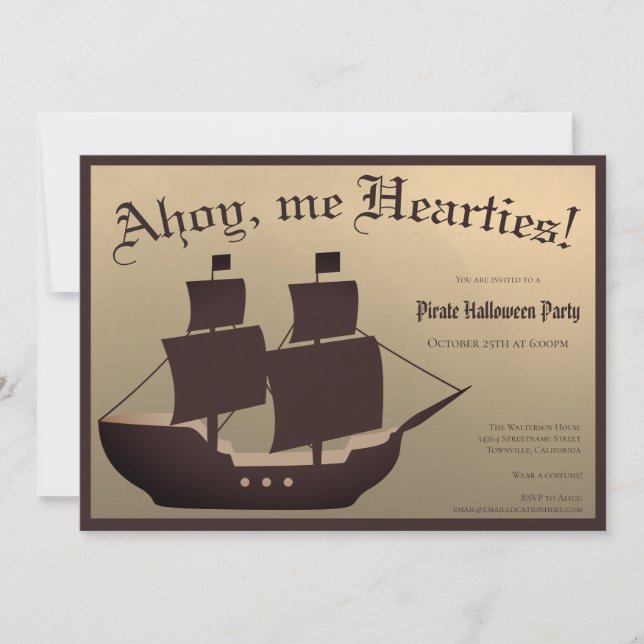 Pirate Halloween Costume Party Ship Brown Gold Invitation (Front)