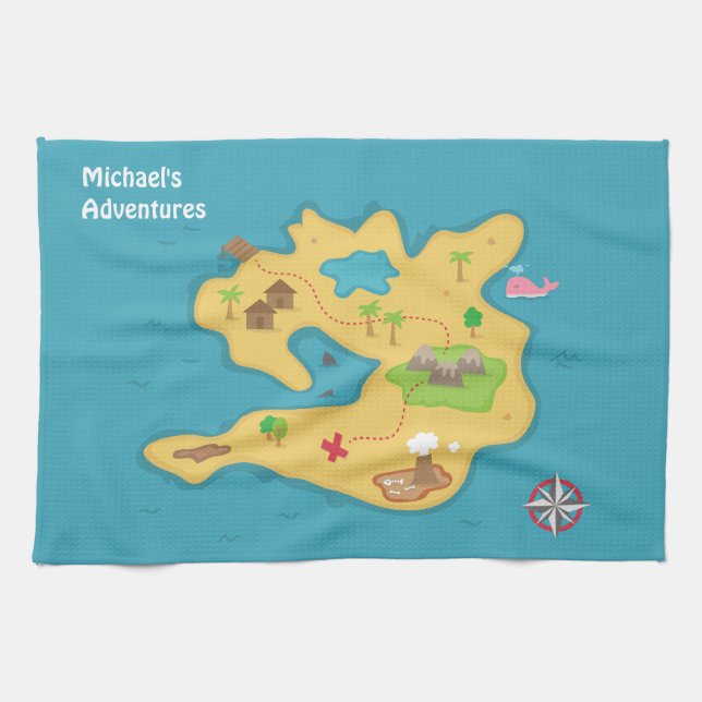 Pirate Island Adventure Treasure Map For Boys Tea Towel (Horizontal)