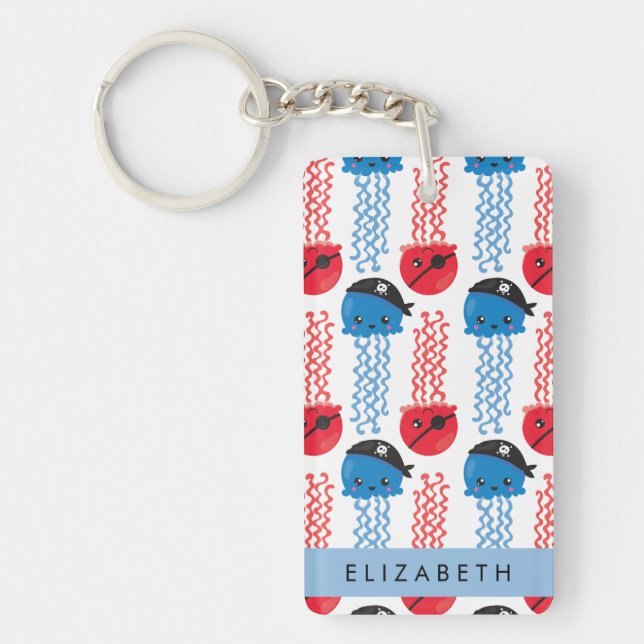Pirate Jellyfish, Jellyfish Pattern, Your Name Key Ring (Front)