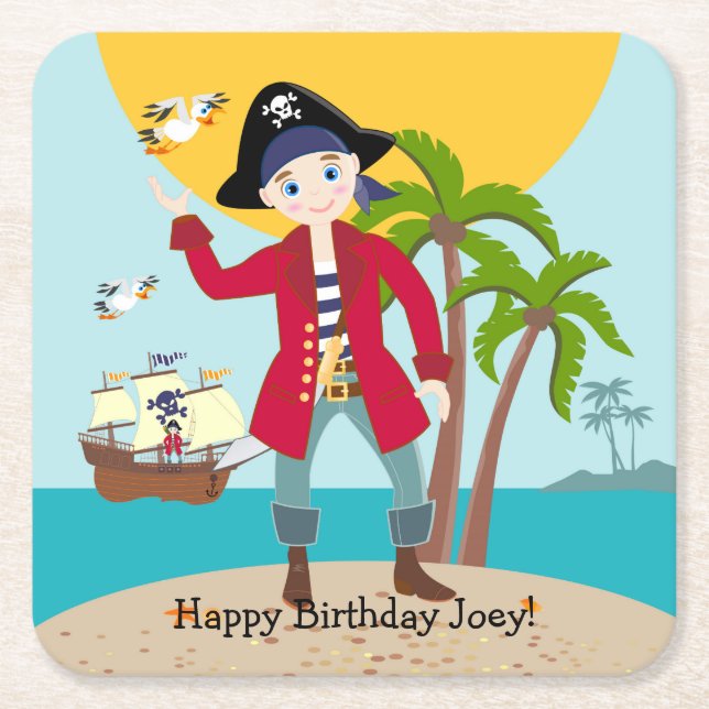 Pirate kid birthday party square paper coaster (Front)
