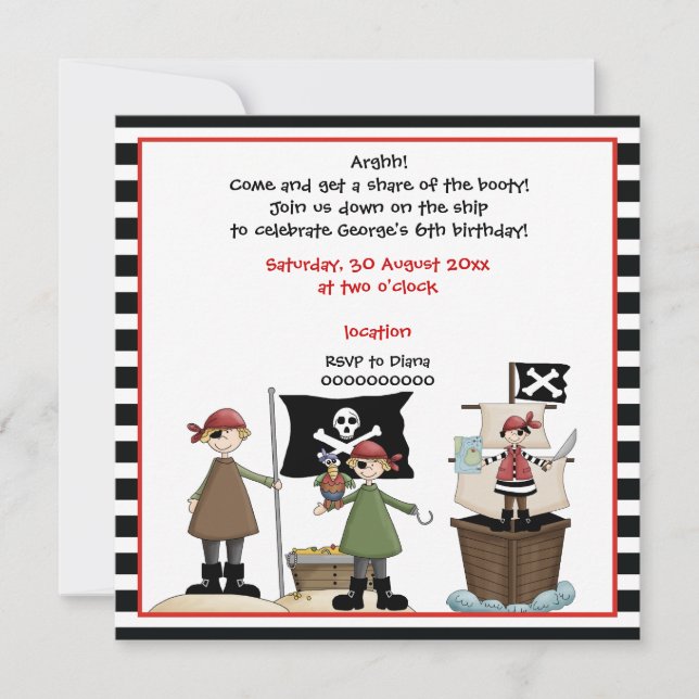 Pirate kids birthday party invitation-Black border Invitation (Front)