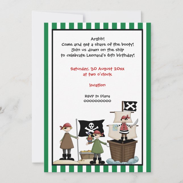 Pirate kids birthday party invitation-green border invitation (Front)
