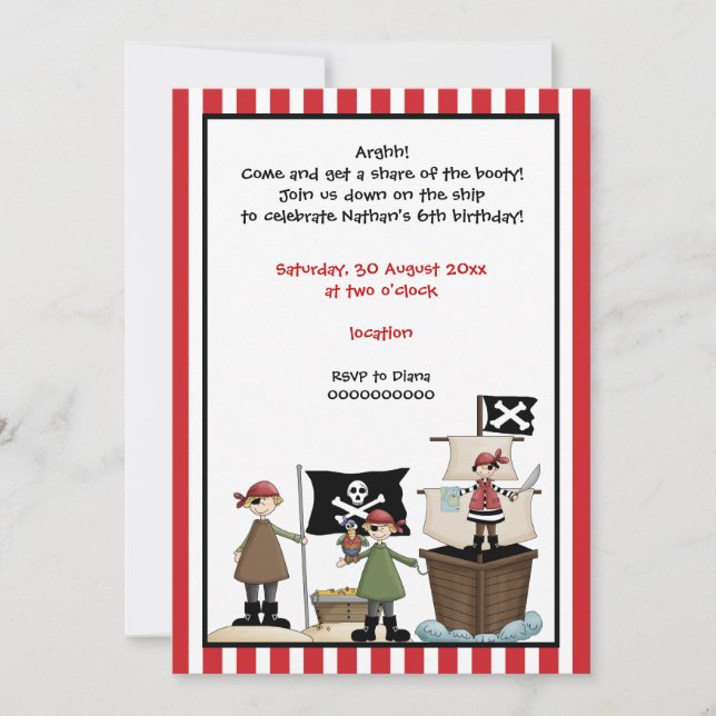 Pirate kids birthday party invitation- red border invitation (Front)