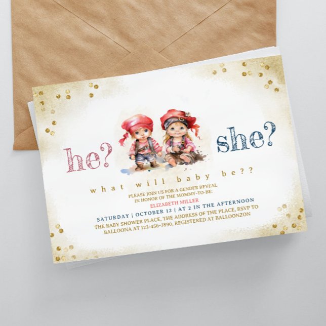 Pirate Kids He Or She Gender Reveal Baby Shower Invitation (Creator Uploaded)