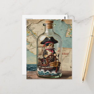 Pirate Kitty in a Ship in a Bottle Postcard