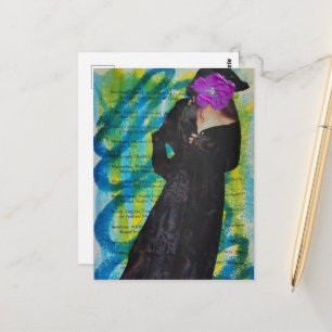 Pirate Lady With Purple Flower Face Mixed Media Postcard